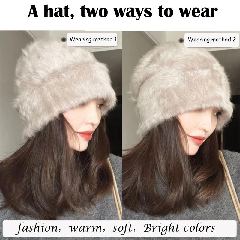 Modische Kaninchenfellmütze für Damen, weich, warm, flauschig, Angola-Wintermütze