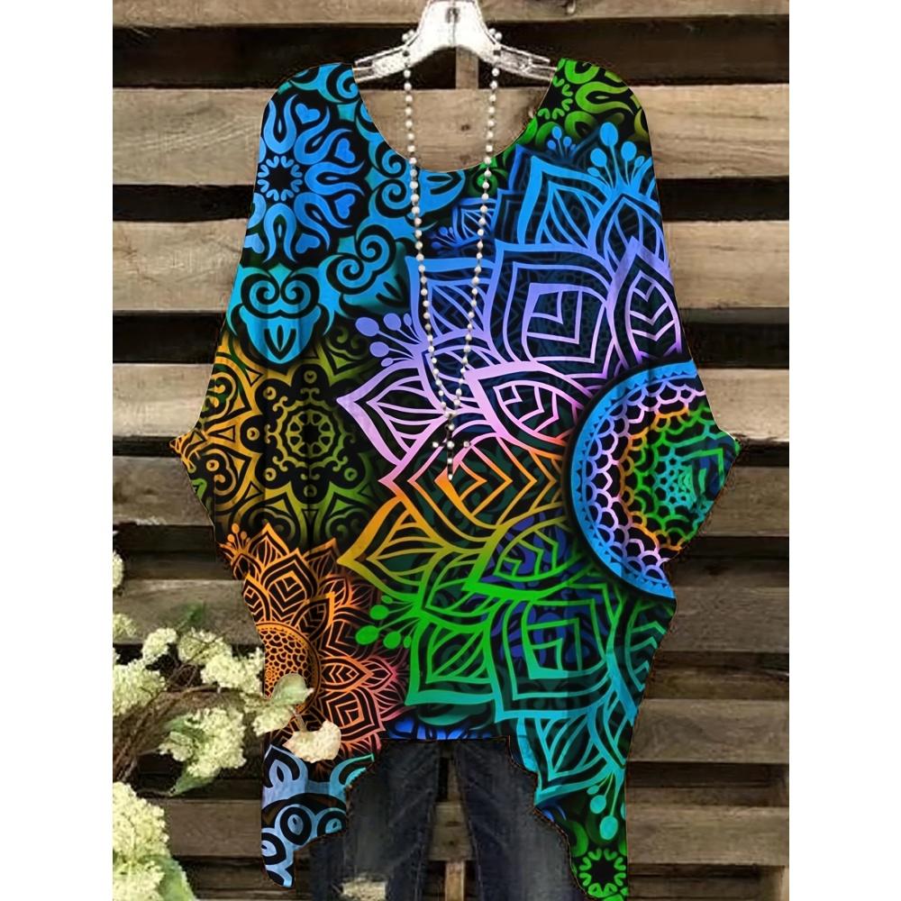 Retro Damen T-Shirt Trendig Ethnisch Boho Bedruckt Sommer O-Ausschnitt Unregelmäßiger Saum Kurzarm Bluse T-Shirt Locker Lässig Pullover