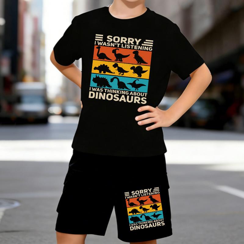 

Boys 2 Piece Cartoon Dinosaur Themed Printed Outfit, Short Sleeve T-Shirt and Shorts Set for Kids Age 5-14,White Sporty Casual Summer Clothes 5-6 Years чёрный