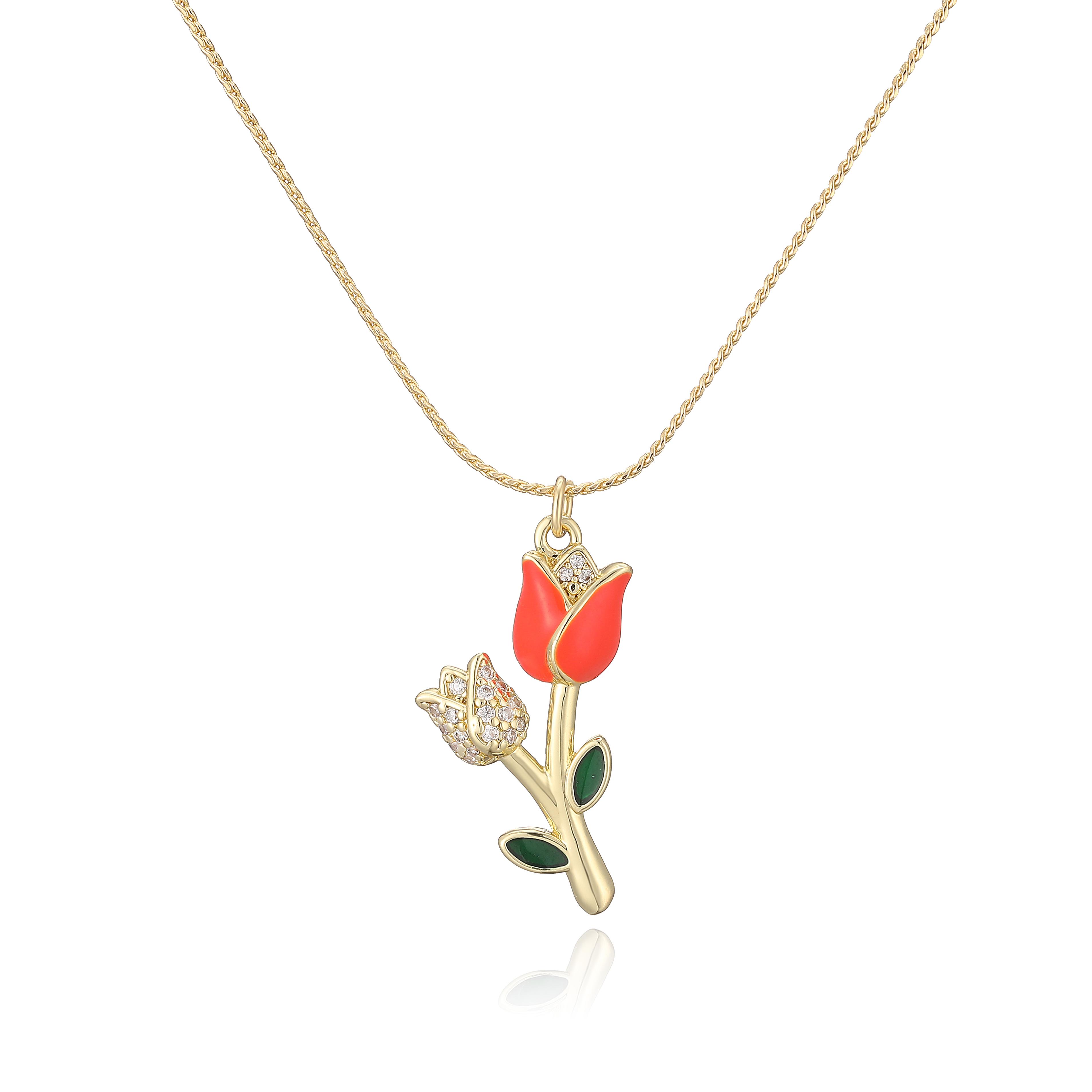 

HECHENG, Enamel Drop Glazed Red Rose Tulip Copper Metal Pendant Chain French Sweet Retro Women s Zircon Necklace 1 Piece Other