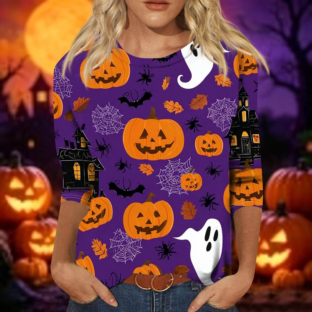 Women's Casual Halloween Print Pullover Top Three Quarter Sleeve Round Neck Shirt Lightweight Comfortable Fabric