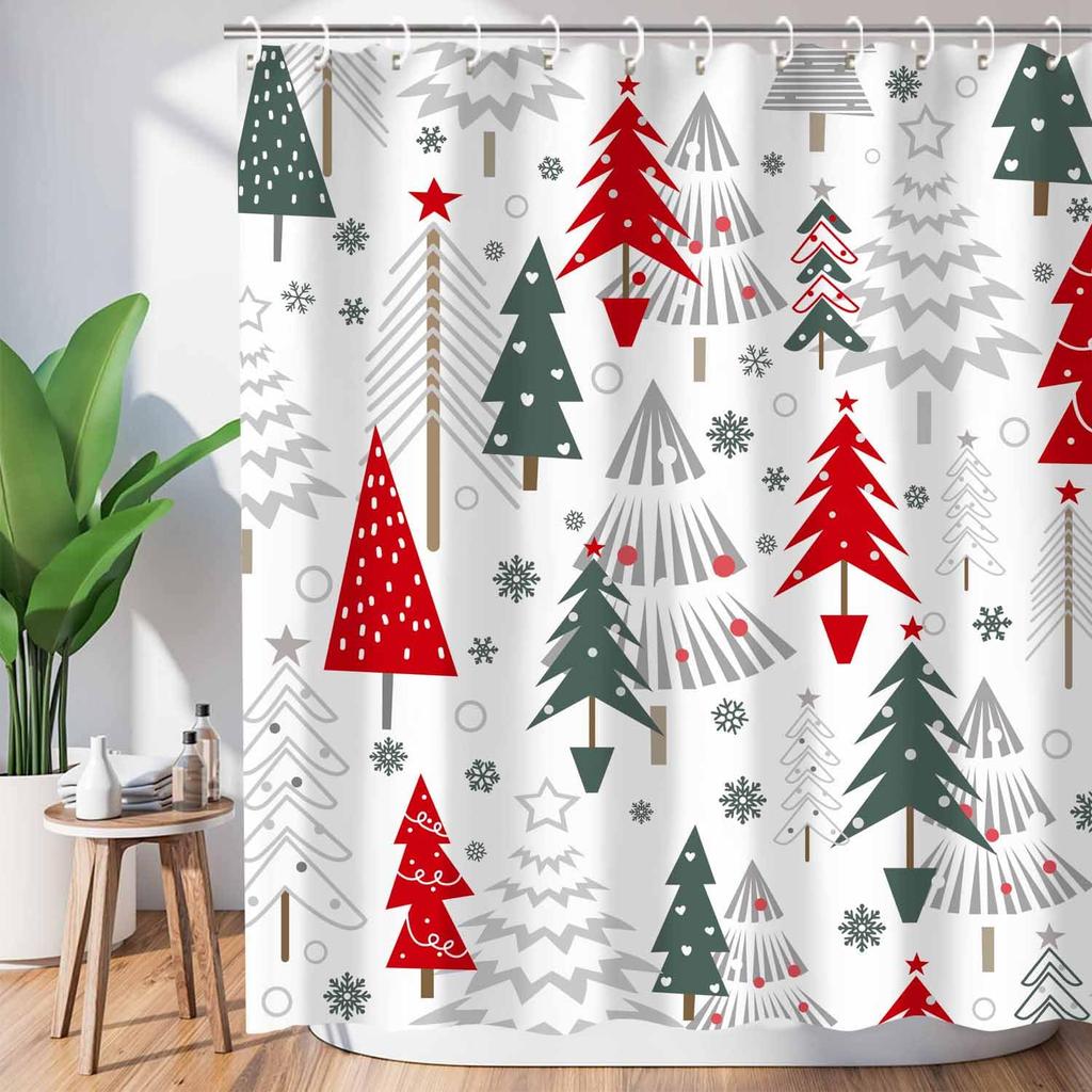Christmas Shower Curtain Winter Snowy Landscape Forest Shower Curtain Xmas Pine Tree Bath Curtain with Hooks Home Bathroom Decor
