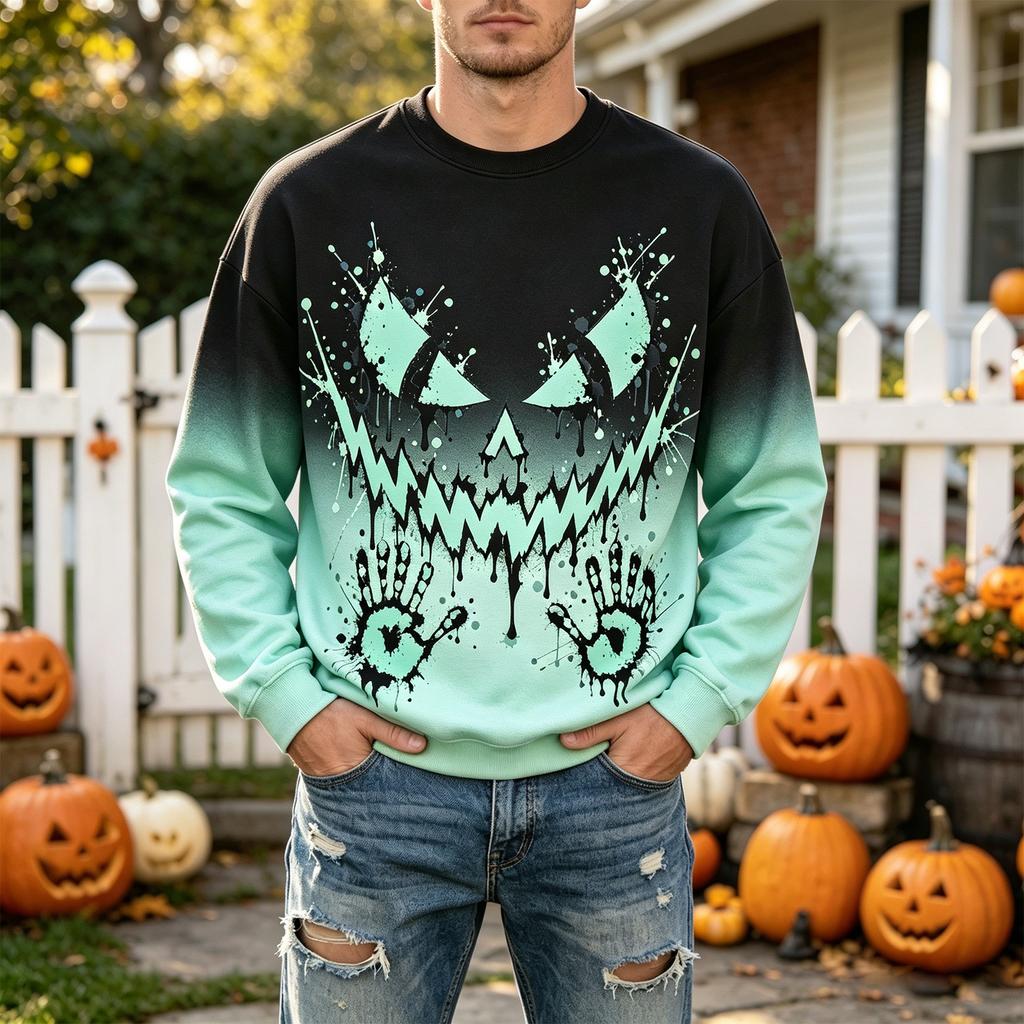 Men's Casual Halloween Printed Neck Long Sleeve Sweatshirt Pullover