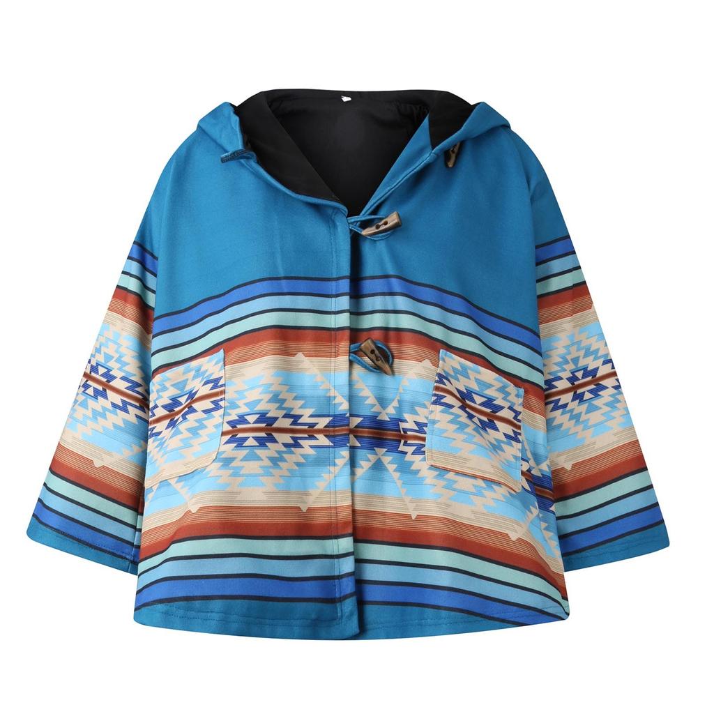 Women's Casual Retro Printed Long Sleeve Hooded Jacket Coat Button Coat
