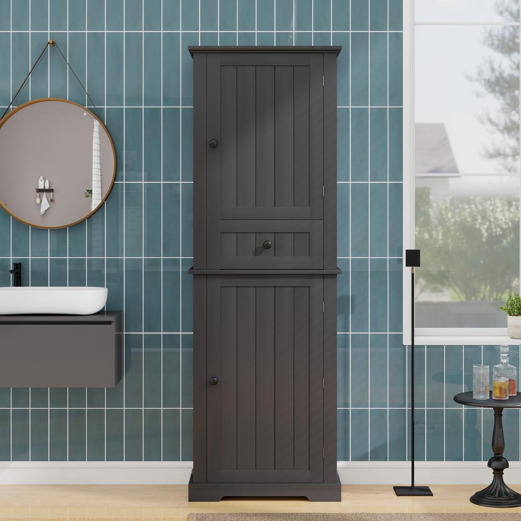 Badezimmerschrank 56 x 28 x 167,3 cm, feuchtigkeitsbeständig lackiert, Ober- und Unterschrank + mittleres Fach, verstellbare Einlegeböden, schwarze Griffe.
