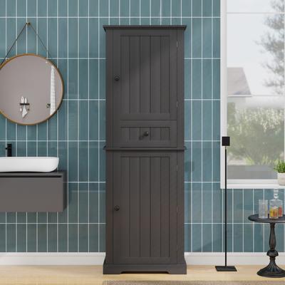 Badezimmerschrank 56 x 28 x 167,3 cm, feuchtigkeitsbeständig lackiert, Ober- und Unterschrank + mittleres Fach, verstellbare Einlegeböden, schwarze Griffe.