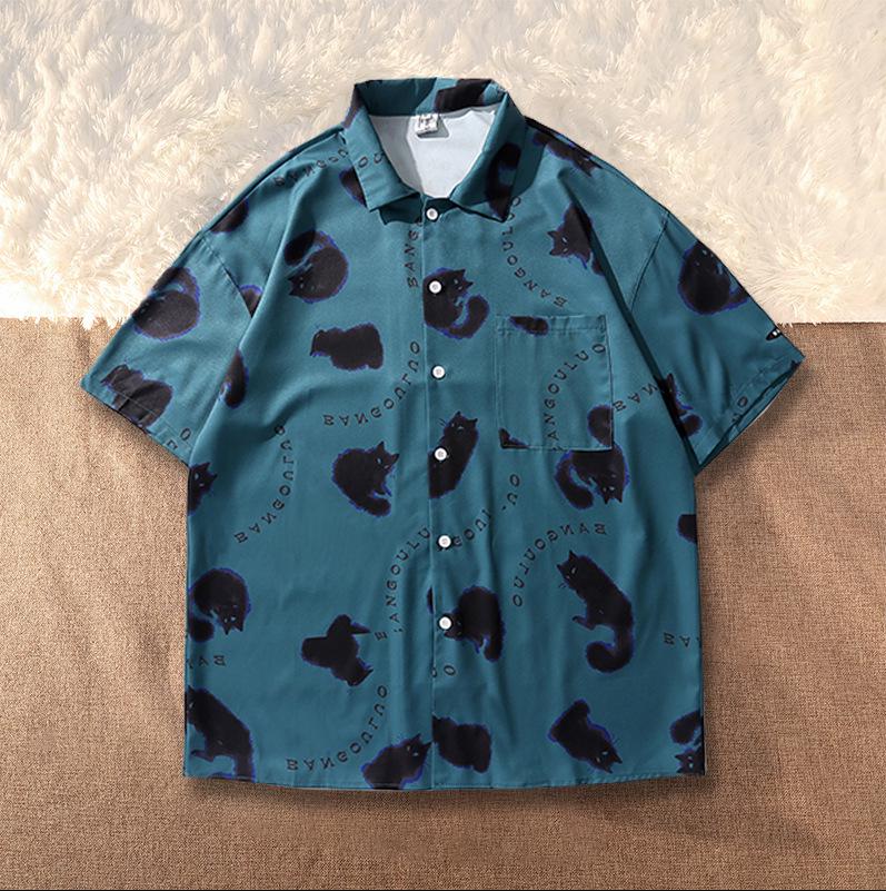 Men's Hip Hop Retro Cat Print Short Sleeve Shirt
