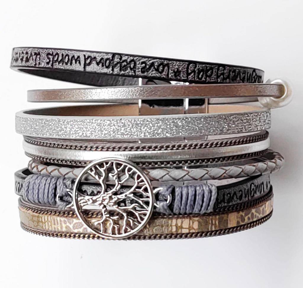 Hollow Tree of Life Multi-Layer Pearl Leather Bracelet with Magnetic Clasp