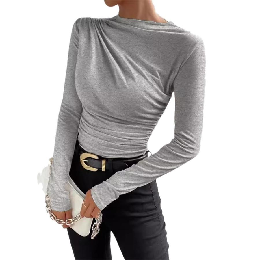 Summer Solid Color Crew Neck Slim Fit Cami Top with Pleated Design Women's Long Sleeve Shirt