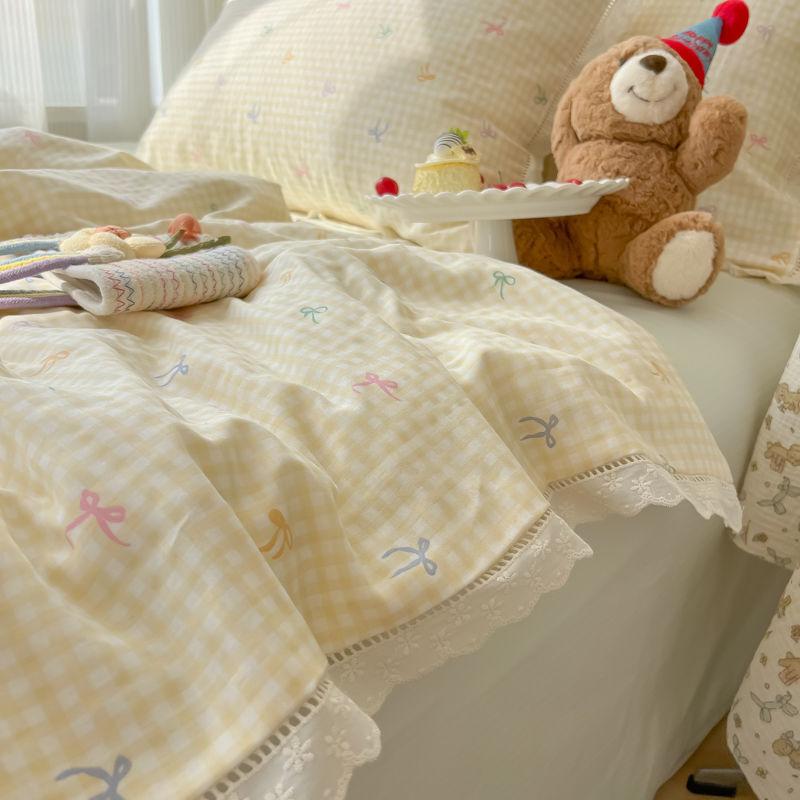 

Cream Style Lace Double Layer Gauze Washed Cotton Bedding Sets 4pcs Bed Sheet Fitted Sheet Dormitory Bed Sheet Sets Duvet Cover 150x200-2