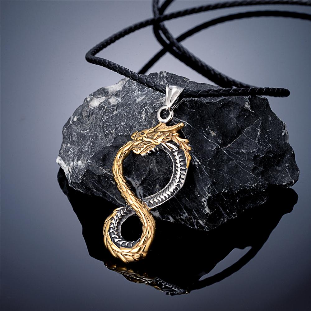 Punk Norse Viking Dragon Necklace Gold Stainless Steel Infinity Pendant Ouroboros Amulet Jewelry Gift for Men