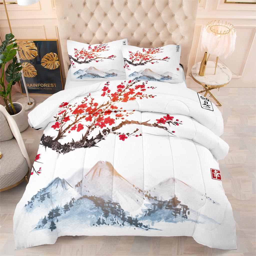 Peach Blossom Landscape Painting Fat Quilt Printing Quilt 3d Printing Bedding Feather Silk Cotton Thickened Three-piece Quilt Cover