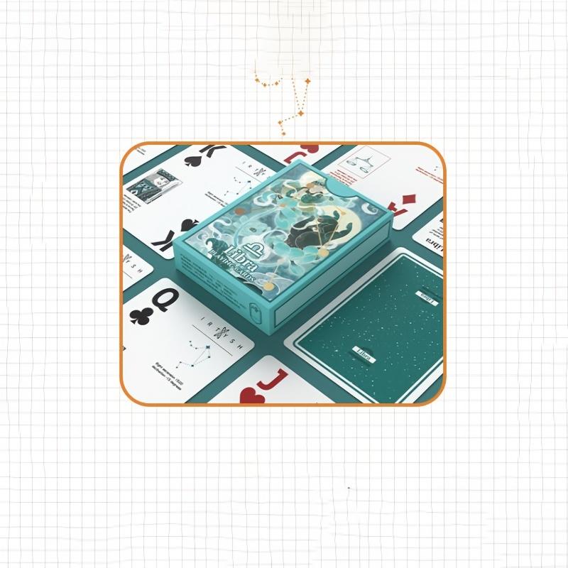 1 Pc Box of Playing Cards and 7 Dice Set Libra Pattern Fancy Cut Practice Deck Blue Core Cards 7 Clear Green and White Two Color Multi-Face Dice