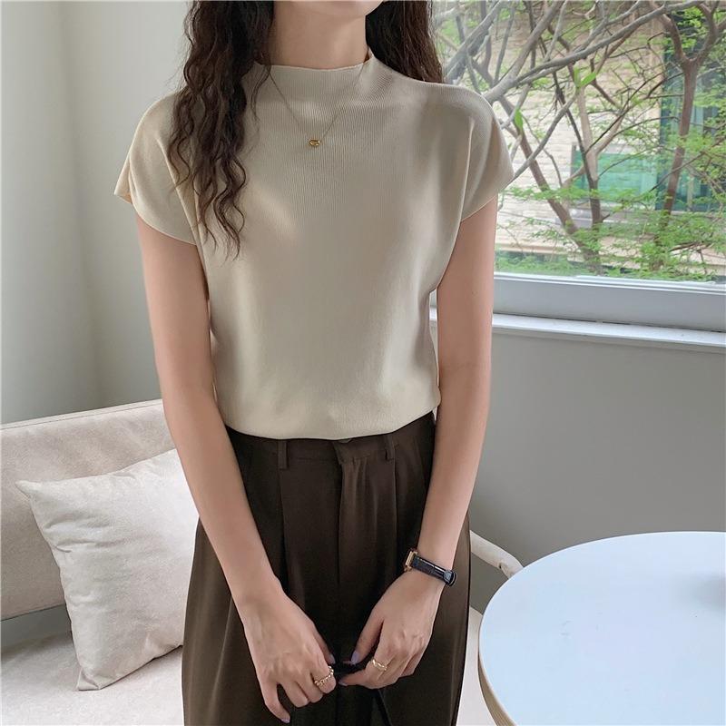 Ice Silk Knitted Short-sleeved Top Women's Semi-turtleneck Slim Knitted Sweater Women's Shirt Base Outer Wear Short Summer