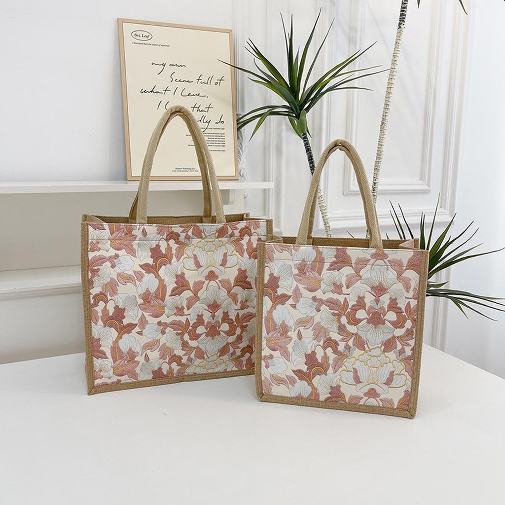 Floral Print Handbag Structured Linen Leather Tote Bag Large Capacity Tote Comfortable Urban Tote For Short Trips Work Daily