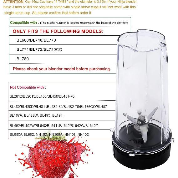 Replacement Parts Compatible with Nutri Ninja, Blender Blade 6 Fins and 2 Pcs 16oz Single Serve Blender Cup Set Compatible with Ninja BL660 BL740