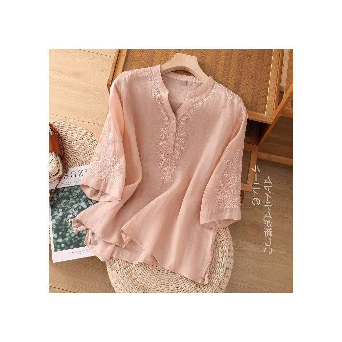 

Летняя женская блузка с V-образным вырезом из хлопка и льна с вышивкой, свободного кроя, с коротким рукавом, большого размера L светло-розовый