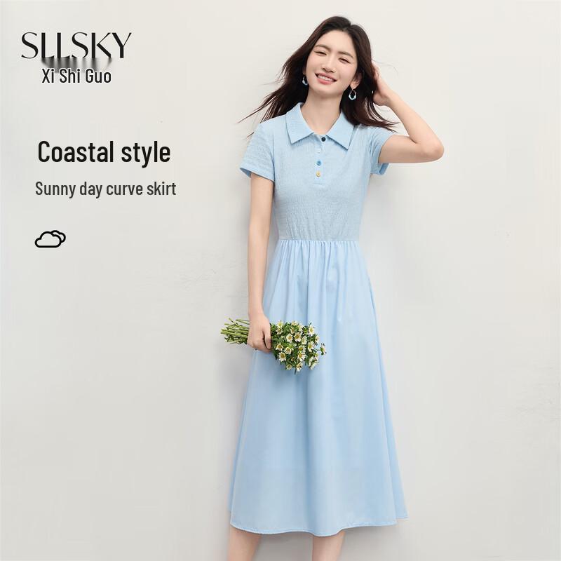 

sllsky Preppy Polo Collar Patchwork Short Sleeve Dress S