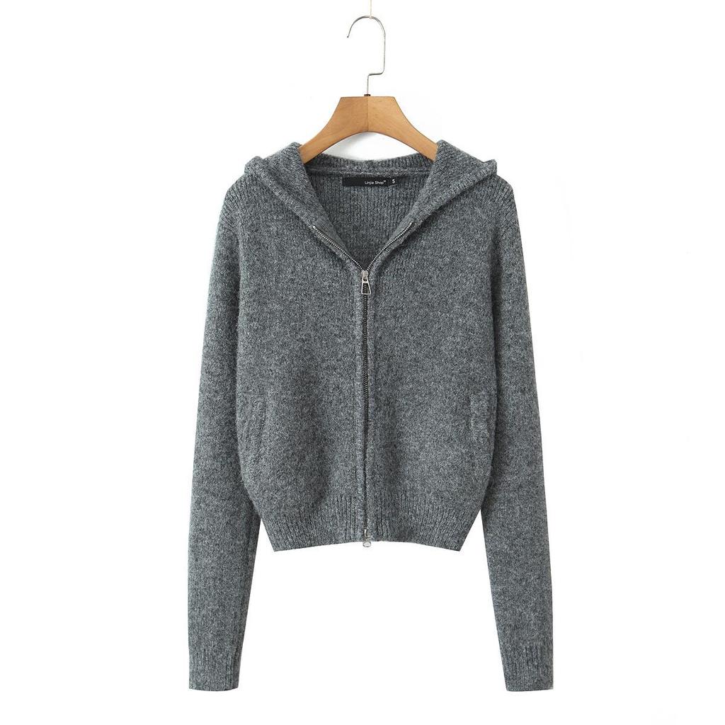 European-American Autumn Retro French Hooded Cardigan & Half Skirt Set