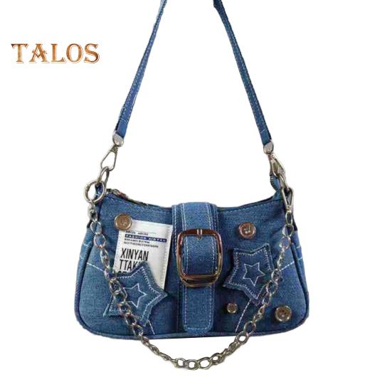 Сумка-хобо в стиле гранж, джинсовая сумка через плечо, сумка через плечо, винтажная сумка через плечо, повседневная сумка для женщин и девушек, для повседневных выходов на улицу синий