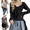 Yousheng Women Tops V-Neck Flared Long Sleeve Slim Fit Tee Shirt Solid Color Ruffle Stitching Tops with Irregular Hem Hole Design T-Shirt