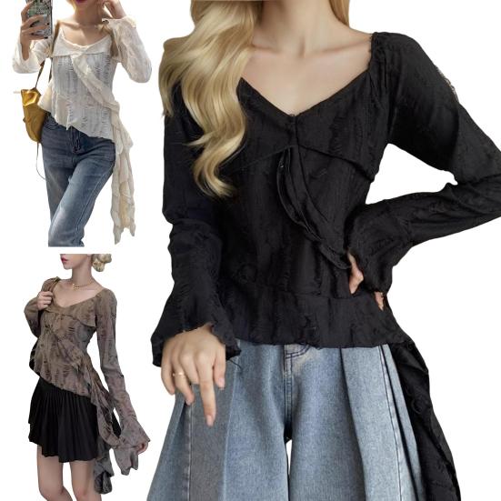Yousheng Women Tops V-Neck Flared Long Sleeve Slim Fit Tee Shirt Solid Color Ruffle Stitching Tops with Irregular Hem Hole Design T-Shirt