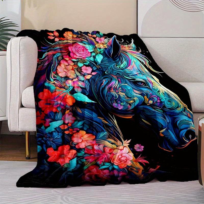 Flowers And Horses Blanket Aesthetic Soft Warm Throw Blanket Nap Blanket For Couch Sofa Office Bed Camping Travel Multipurpose Gift Blanket For All