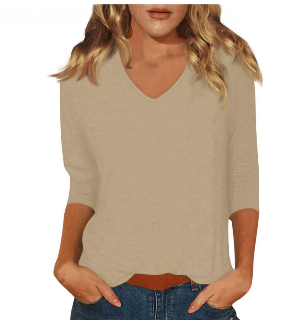 Women's Daily Versatile Casual V-Neck Solid Color Seven-Sleeve T-Shirt Top