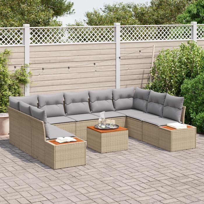 VidaXL Ensemble de Canapés de Jardin 10 Pièces avec Coussins Beige Poly Rattan Acacia 3348171