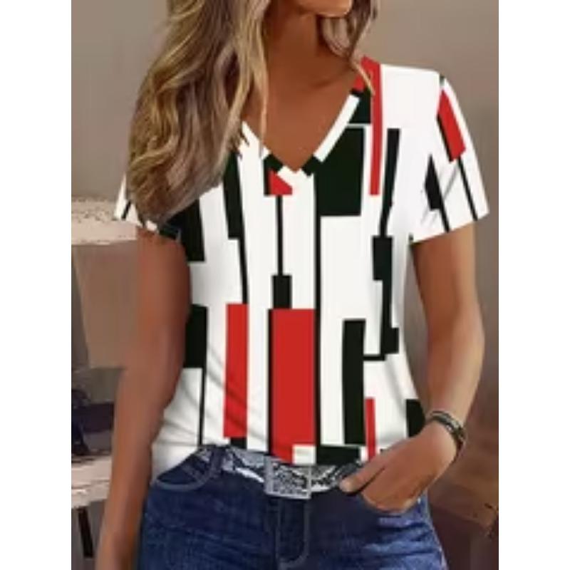 

Красная, Черная и Белая футболка с принтом по всему телу, с V-образным вырезом, с короткими рукавами, Повседневный топ S