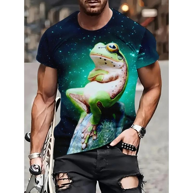 Funny 3D Frog Drinking Beer Pattern Printed Men's T-shirts Summer Casual  Daily Street Short Sleeve T-shirts
