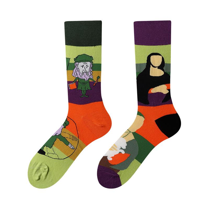New Creative Couple AB Asymmetric Trendy Socks Fashionable Personalized Trendy Cartoon Jacquard Long Tube Cotton Socks