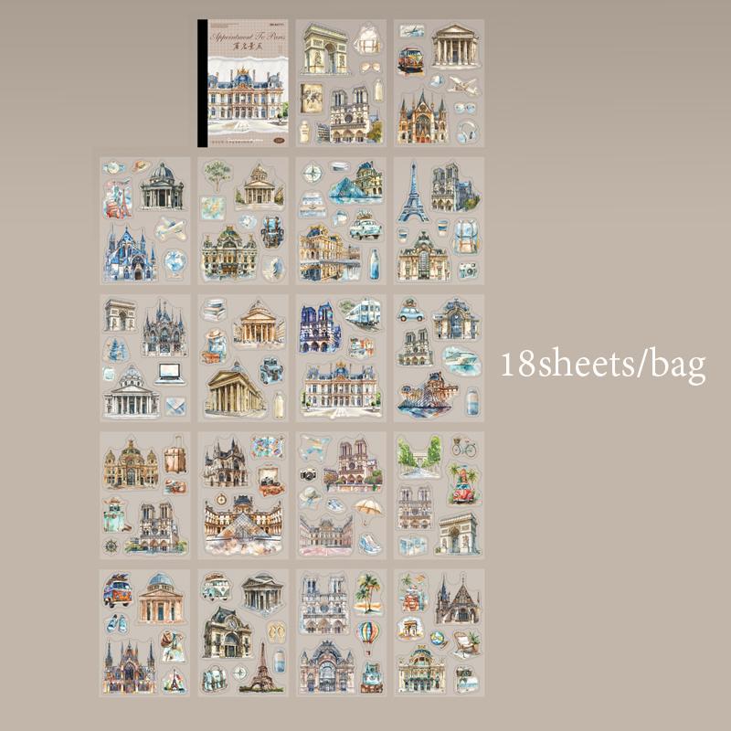 18 Sheets/Bag Sticker Book Characters Paris Attractions Stickers - Handbook Stationery For DIY Handmade & Scrapbook Diary