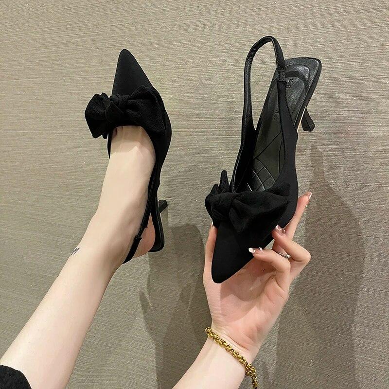 7cm Summer Brand Women Slingback Sandals Shoes Fashion Bow-knot Pointed Toe Slip On Ladies Elegant Dress Pumps Shoes