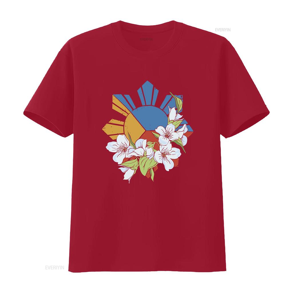 Filipino Flag Sun and Stars Sampaguita T Shirt Crewneck Symbol Philippines  vintage Washed Top For Everyday Wear Stretched