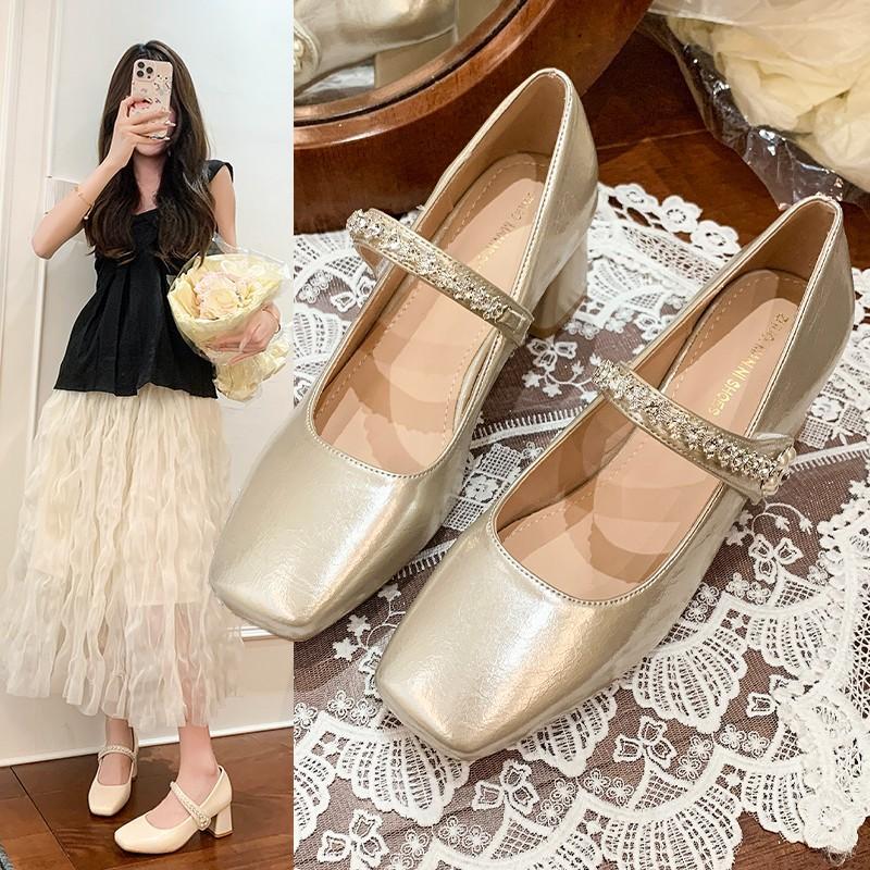 Leather French Summer 2025 Women's Shoes New Shallow Evening Wind Mary Jane Single Shoes One-word Skirt Thick Heel Single Shoes Women