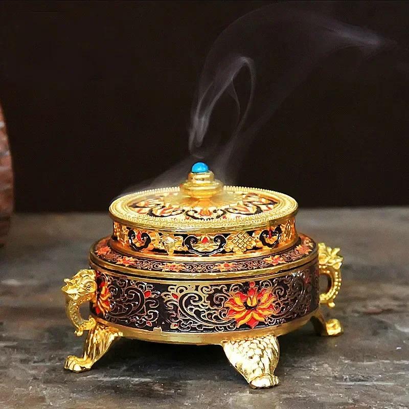 Copper Alloy Antique Incense Burner Aromatherapy Incense Burner Sandalwood Embossed Enamel Painted Temple Plate Incense Burner