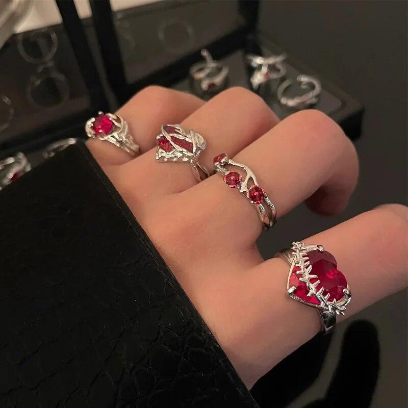 Vintage Red Enamel Cross Open Rings For Women Men Punk Hip Hop Irregular Lava Texture Rings Y2K Aesthetic Jewelry