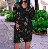 Women Plus Size V Neck Long Sleeve Black Red Rose Floral Printed Fitted Dress