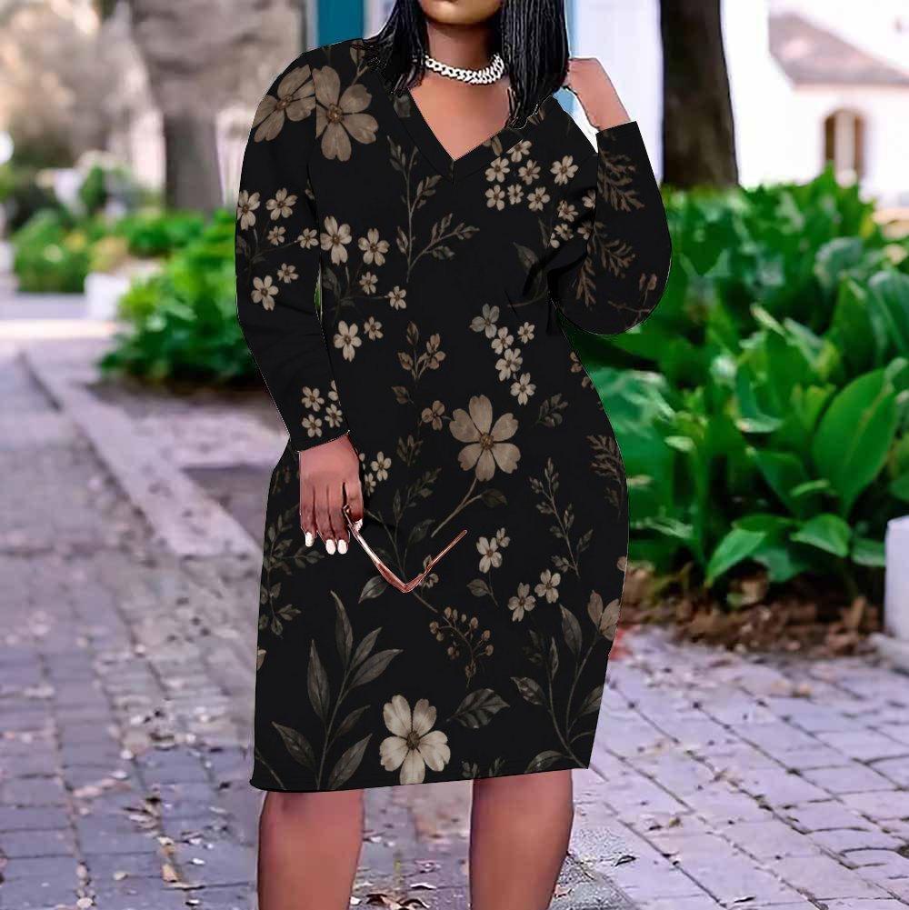 Women Plus Size V Neck Long Sleeve Black Red Rose Floral Printed Fitted Dress
