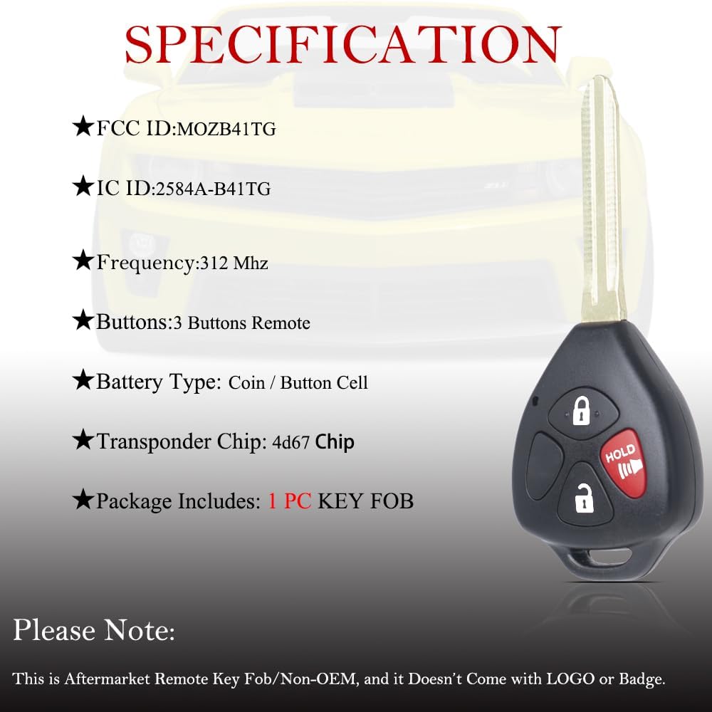 MechanMagic Key Fob Remote Replacement Fits For Toyota Yaris/Scion IQ TC XD (FCC ID:MOZB41TG) 2007 2008 2009 2010 2011 2012 2013 Keyless Entry Remote