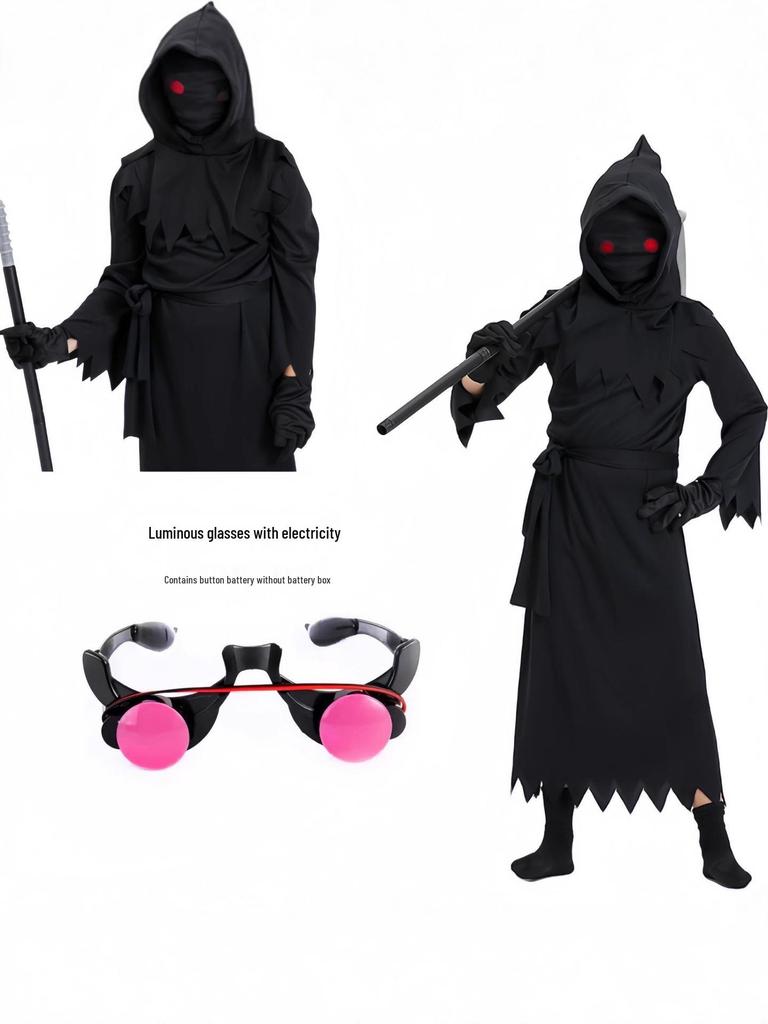 Children's Grim Reaper Ghost Costume: Luminous Dark Messenger Scythe Outfit for Halloween Cosplay
