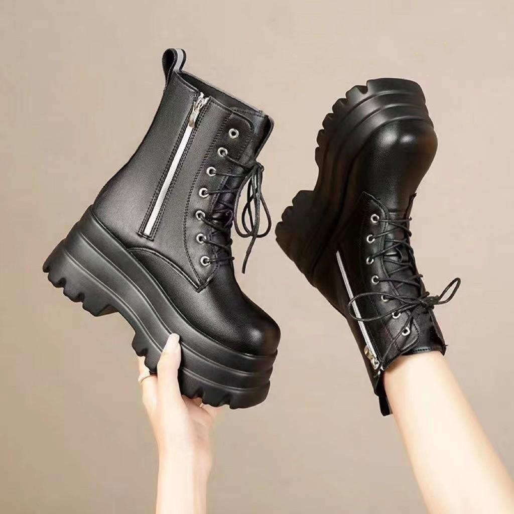 Real soft leather cos shoes increase height and show legs thin platform shoes 9cm British style 2025 new short boots short Martin boots tide