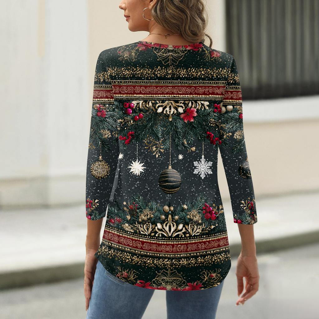 Women's T Shirt Print Button 3/4 Sleeve Daily Weekend Fashion Basic V- Neck Regular Top