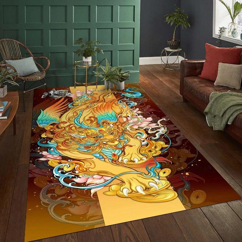 

Mythical Beast Carpet Mat Rug Dragon Phoenix Home Decoration Living Room Art Floor Mat with Golden Architecture Flaming Pattern 40X60CM