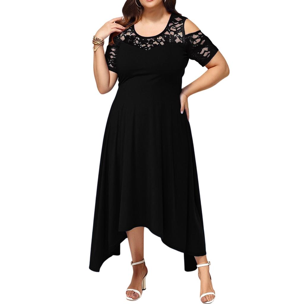 Damek sommerkjole med bare skuldre, blondekant, elegant, oversized, ensfarget kjole