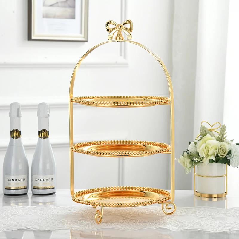 Single Layer Two Layers Three Layers Bow Metal Cake Stand Gold Silver Round Pearl Dessert Cake Pan Fruit Tray Display Stand