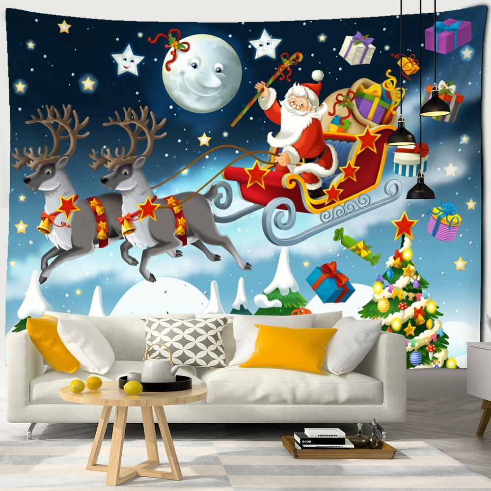Santa and Sleigh Tapestry Wall Hanging Cartoon Illustration Witchy Christmas Girls Dorm Home