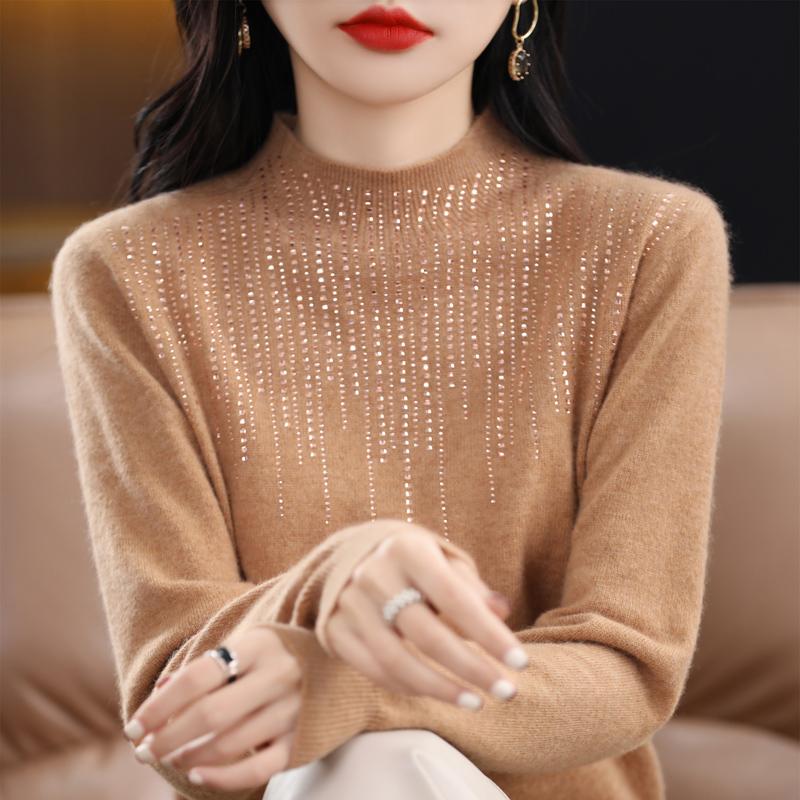 Women's Half Turtleneck Diamond Sweater, Qinghe Cashmere, 30% Cashmere 70% Wool, Winter Knitted Pullover Autumn Sweater Cashmere Sweater