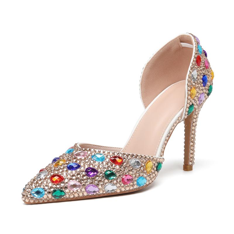 

Fashion Bling Luxury Handmade Full Rhinestones Women Pumps Elegant Pointed toe Colorful Crystal High heels Fashion Party Bridal Shoes 43